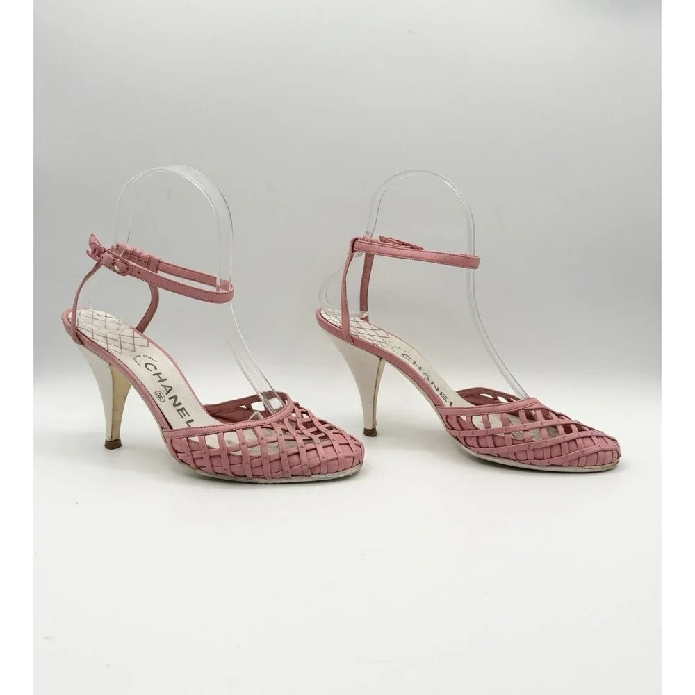Chanel Pink Basketweave Leather CC Logo Ankle Strap Heels D'Orsay Sz EU 35.5 - Picture 4 of 12